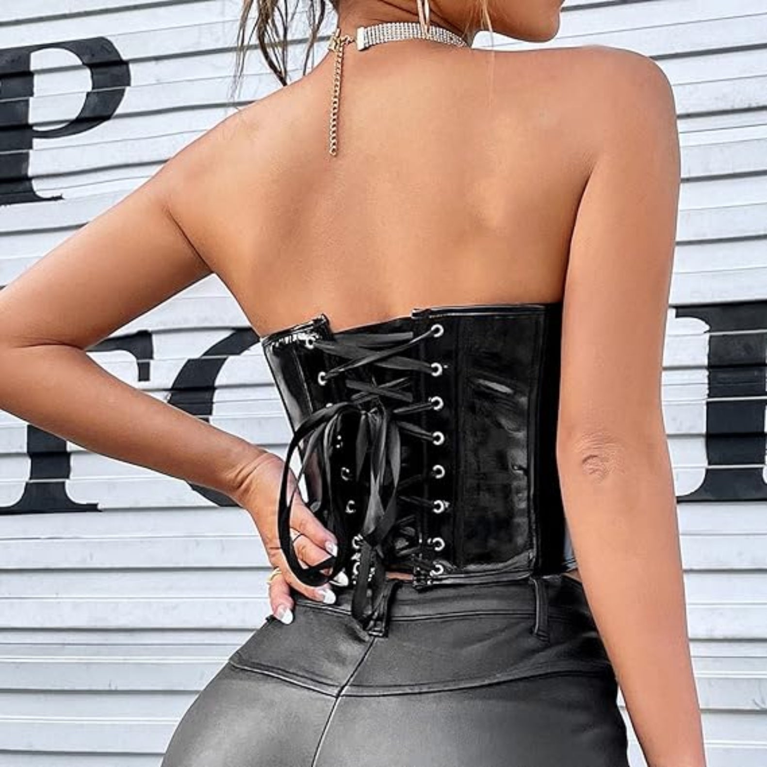 Strapless Faux Leather Corset – Lace-Up