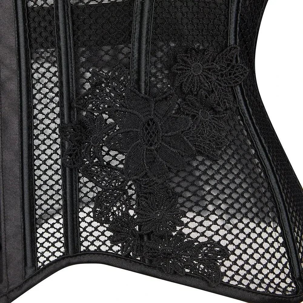 Schwarzes transparentes trägerloses Korsett – Blumen