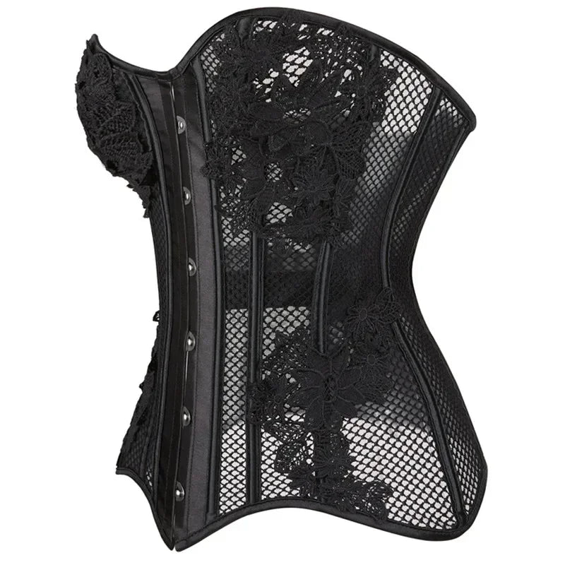 Schwarzes transparentes trägerloses Korsett – Blumen