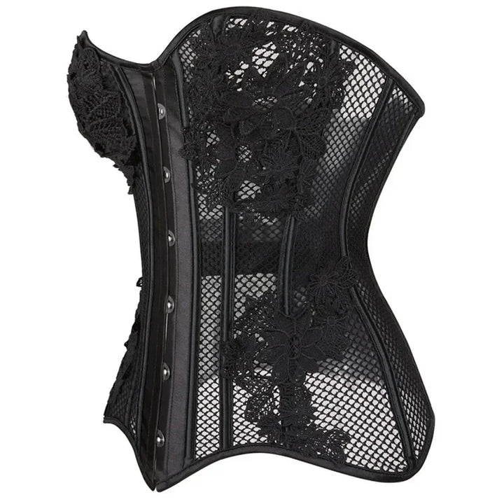 Schwarzes transparentes trägerloses Korsett – Blumen