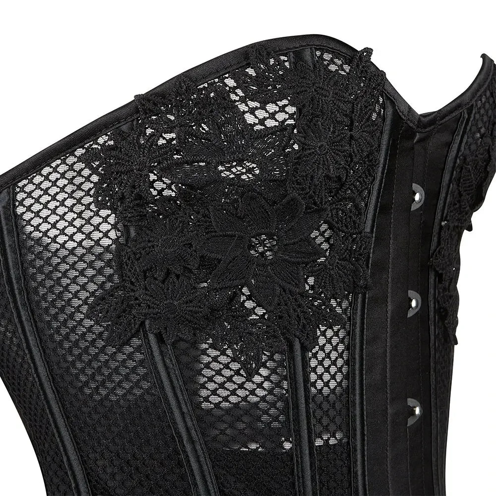 Schwarzes transparentes trägerloses Korsett – Blumen
