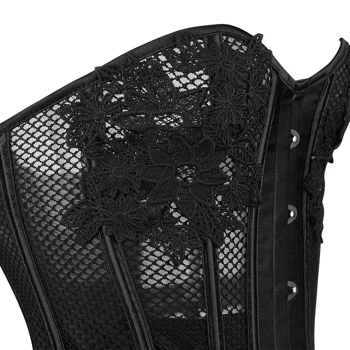 Schwarzes transparentes trägerloses Korsett – Blumen
