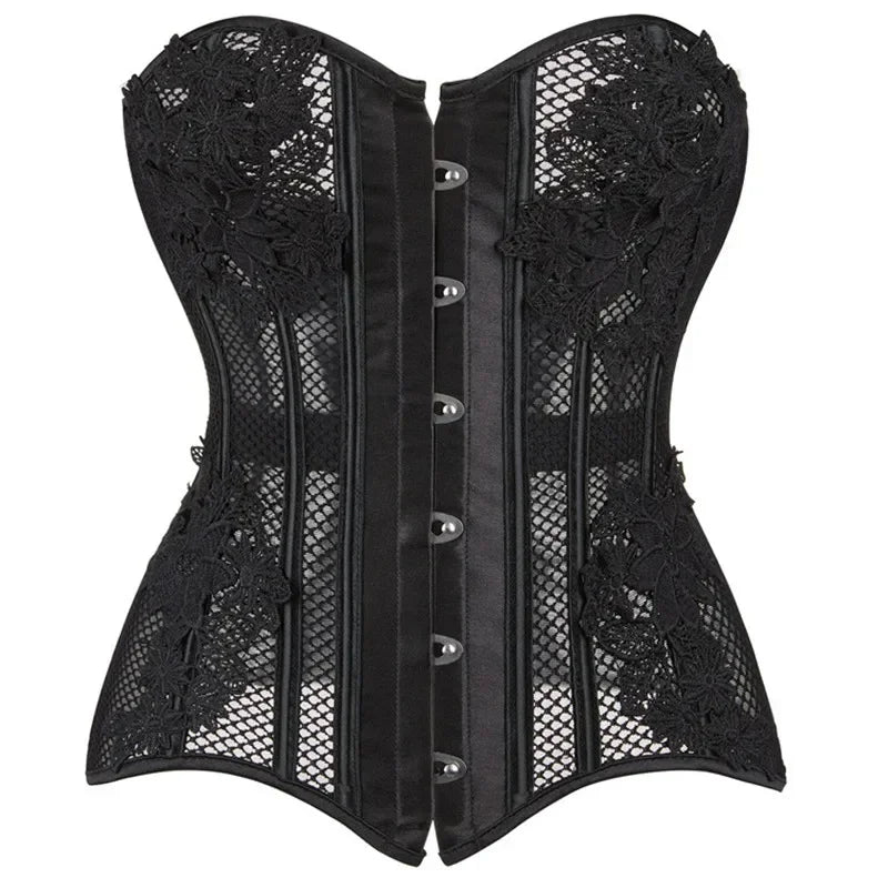 Schwarzes transparentes trägerloses Korsett – Blumen