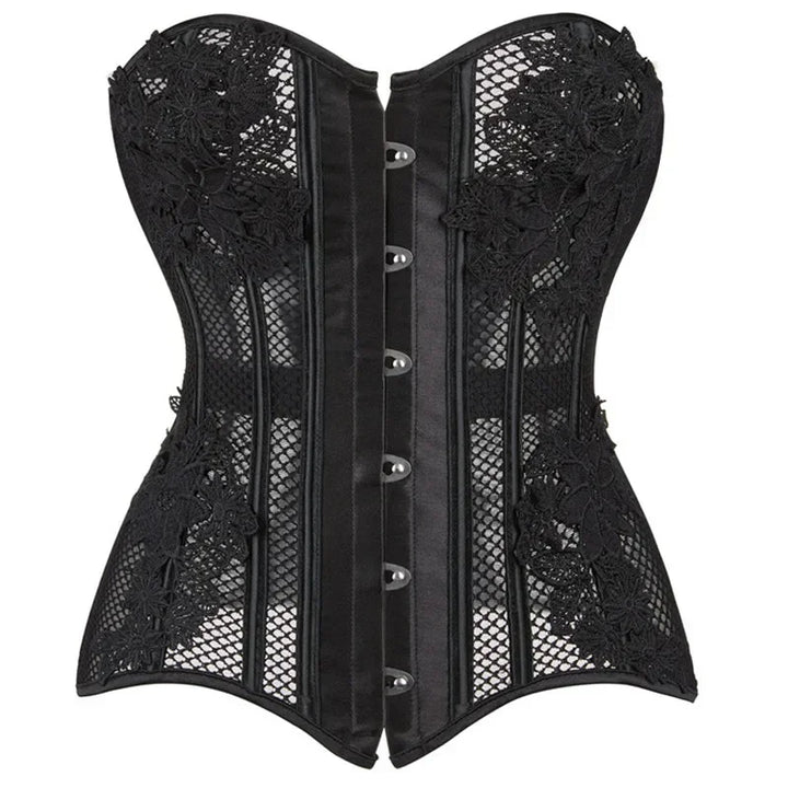 Schwarzes transparentes trägerloses Korsett – Blumen